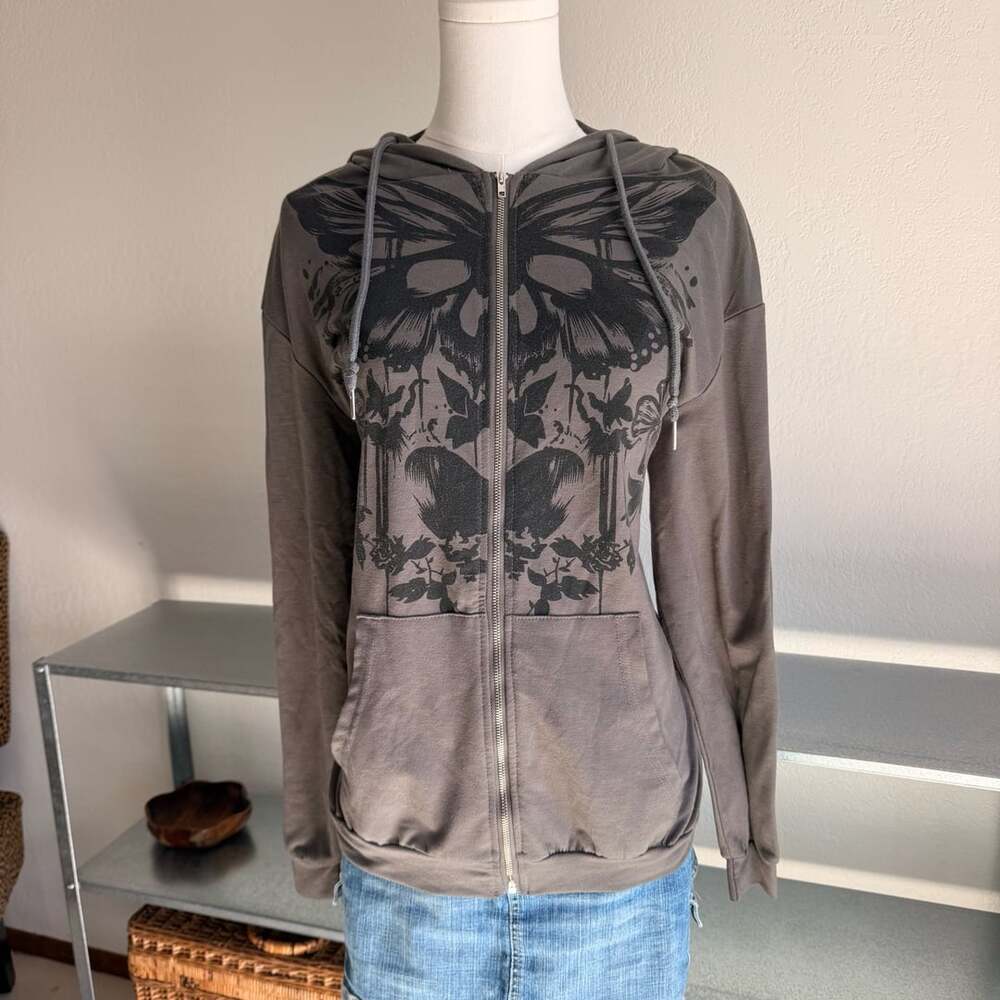 Romwe Oversized Graphic Butterfly Print Zip Up Hoodie Grey XS